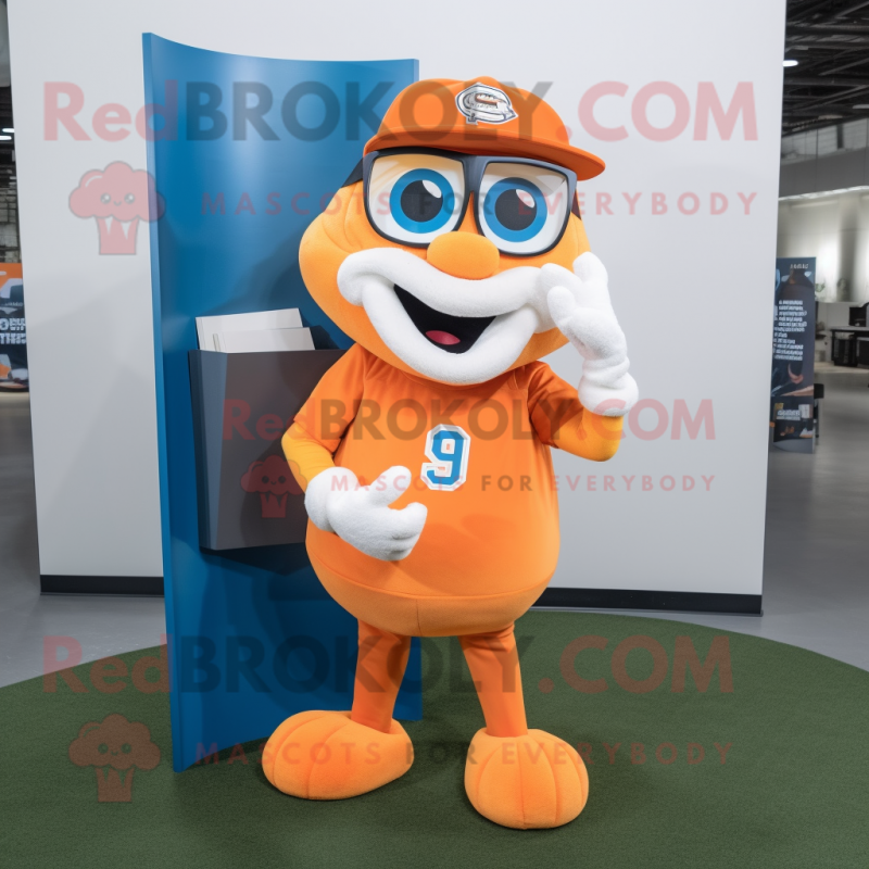 Orange Horseshoe mascot costume character dressed with a Baseball Tee and Reading glasses Orange Horseshoe mascot costume character dressed with a Baseball Tee and Reading glasses