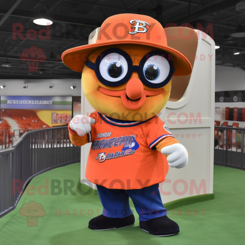 Orange Horseshoe mascot costume character dressed with a Baseball Tee and Reading glasses Orange Horseshoe mascot costume character dressed with a Baseball Tee and Reading glasses