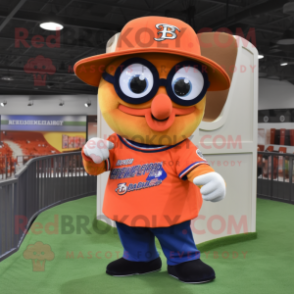 Orange Horseshoe mascot costume character dressed with a Baseball Tee and Reading glasses