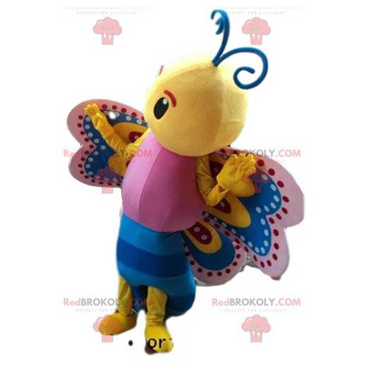 Mascote de borboleta multicolorida, fantasia colorida de inseto