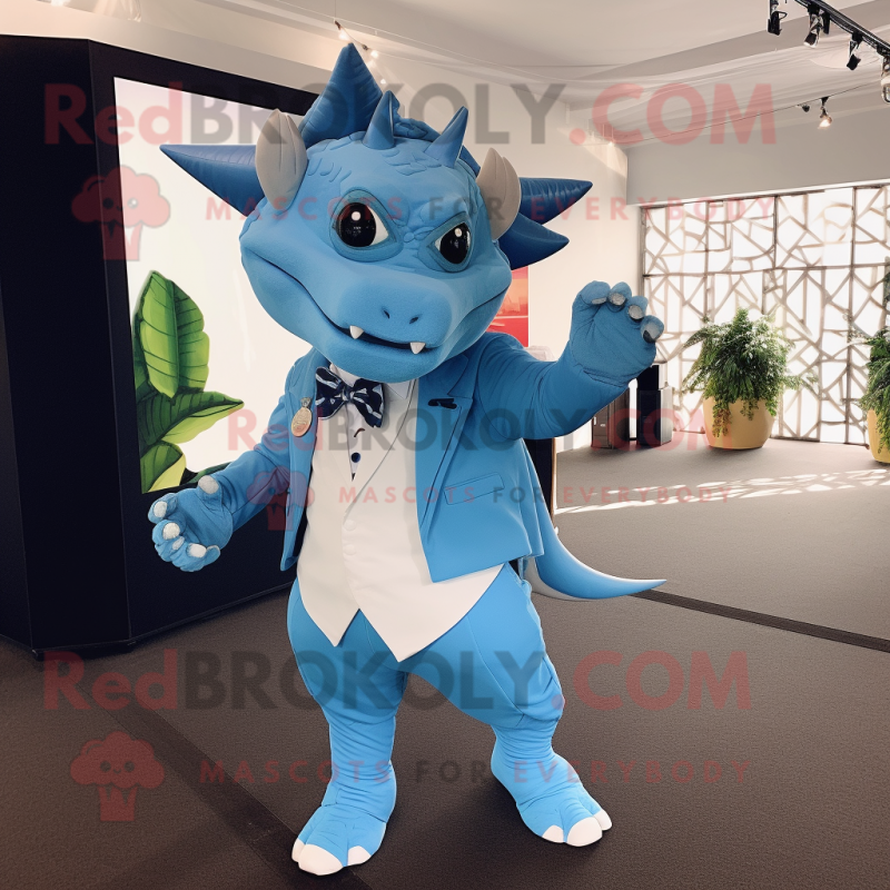 Sky Blue Triceratops mascot costume character dressed with a Tuxedo and Backpacks Sky Blue Triceratops mascot costume character dressed with a Tuxedo and Backpacks