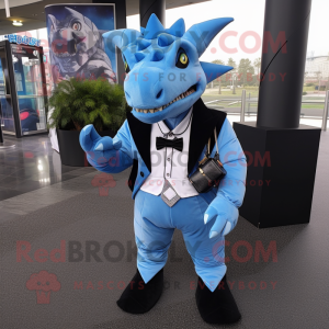 Sky Blue Triceratops mascot costume character dressed with a Tuxedo and Backpacks