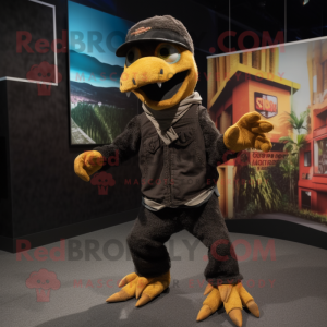 Black Deinonychus mascot costume character dressed with a Corduroy Pants and Beanies