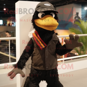 Black Deinonychus mascot costume character dressed with a Corduroy Pants and Beanies