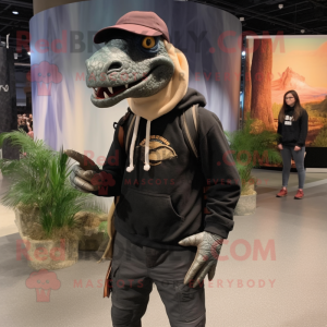 Black Deinonychus mascot costume character dressed with a Corduroy Pants and Beanies