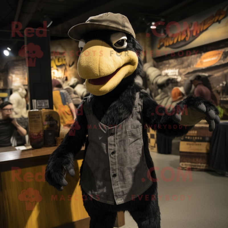 Black Deinonychus mascot costume character dressed with a Corduroy Pants and Beanies Black Deinonychus mascot costume character dressed with a Corduroy Pants and Beanies
