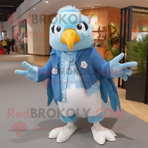 Sky Blue Hawk mascot costume character dressed with a Jeans and Shawls
