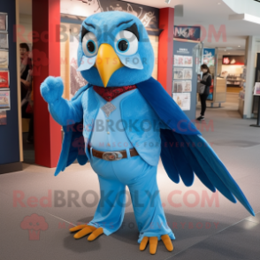 Sky Blue Hawk mascot costume character dressed with a Jeans and Shawls