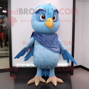 Sky Blue Hawk mascot costume character dressed with a Jeans and Shawls