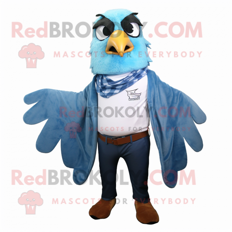 Sky Blue Hawk mascot costume character dressed with a Jeans and Shawls