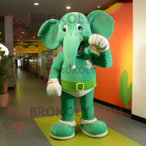 Green Elephant mascot costume character dressed with a Jeggings and Mittens