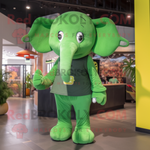 Green Elephant mascot costume character dressed with a Jeggings and Mittens