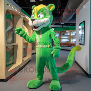 Green Weasel mascot costume character dressed with a Jumpsuit and Hairpins