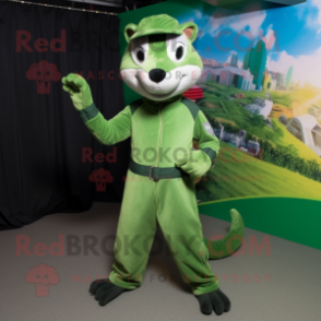 Green Weasel mascot costume character dressed with a Jumpsuit and Hairpins