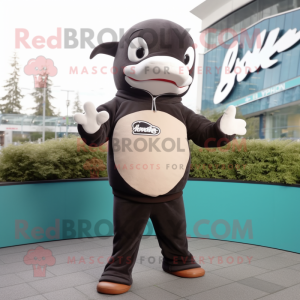 Brown Killer Whale mascot costume character dressed with a Sweatshirt and Pocket squares