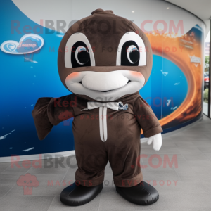 Brown Killer Whale mascot costume character dressed with a Sweatshirt and Pocket squares