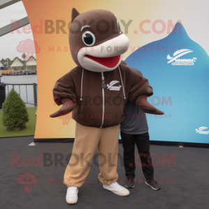 Brown Killer Whale mascot costume character dressed with a Sweatshirt and Pocket squares