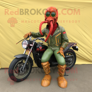 Olive Lobster mascot costume character dressed with a Biker Jacket and Scarves