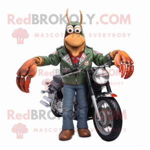 Olive Lobster mascot costume character dressed with a Biker Jacket and Scarves