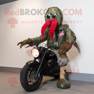 Olive Lobster mascot costume character dressed with a Biker Jacket and Scarves