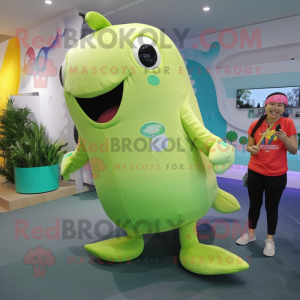 Lime Green Humpback Whale mascot costume character dressed with a Romper and Brooches