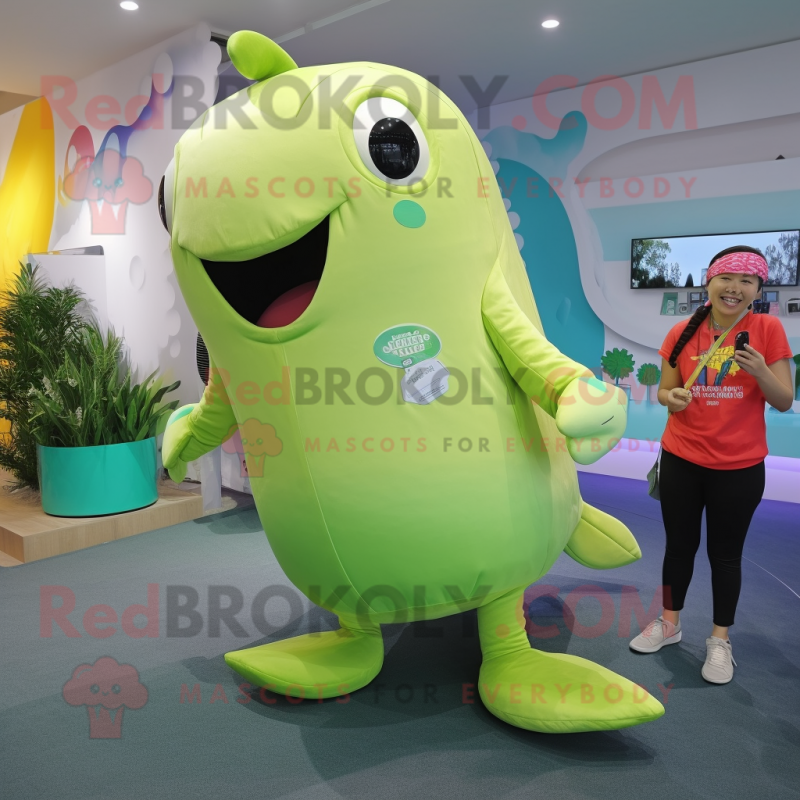 Lime Green Humpback Whale mascot costume character dressed with a Romper and Brooches Lime Green Humpback Whale mascot costume character dressed with a Romper and Brooches