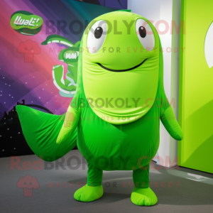 Lime Green Humpback Whale mascot costume character dressed with a Romper and Brooches