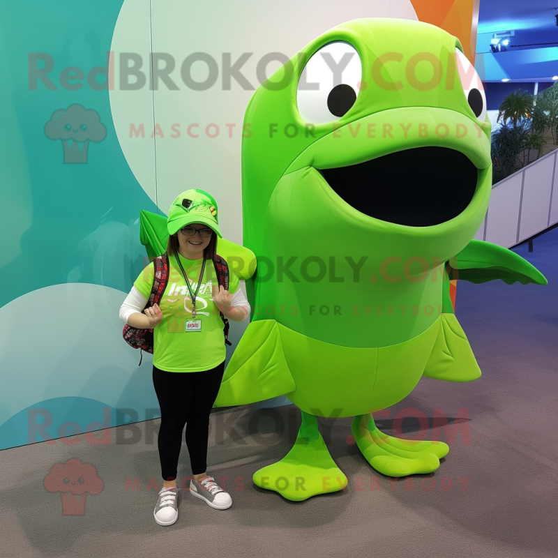 Lime Green Humpback Whale mascot costume character dressed with a Romper and Brooches