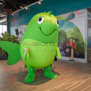 Lime Green Humpback Whale mascot costume character dressed with a Romper and Brooches