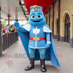 Sky Blue British Royal Guard mascot costume character dressed with a Denim Shorts and Anklets