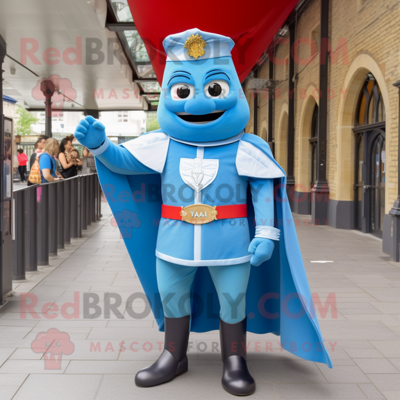 Sky Blue British Royal Guard mascot costume character dressed with a Denim Shorts and Anklets Sky Blue British Royal Guard mascot costume character dressed with a Denim Shorts and Anklets