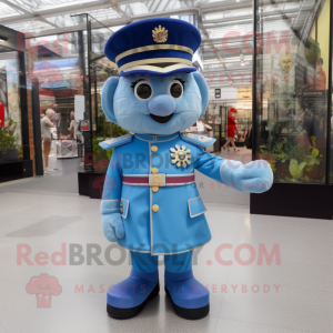 Sky Blue British Royal Guard mascot costume character dressed with a Denim Shorts and Anklets