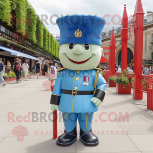 Sky Blue British Royal Guard mascot costume character dressed with a Denim Shorts and Anklets