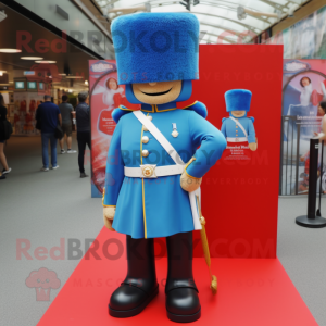 Sky Blue British Royal Guard mascot costume character dressed with a Denim Shorts and Anklets