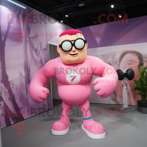 Pink Strongman mascot costume character dressed with a Playsuit and Eyeglasses