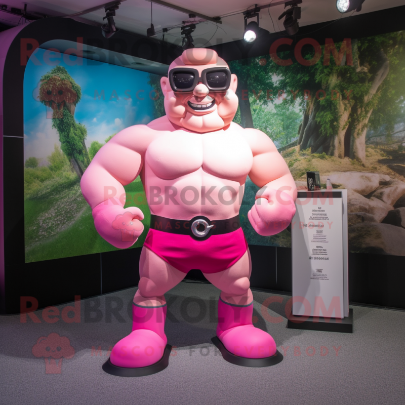 Pink Strongman mascot costume character dressed with a Playsuit and Eyeglasses