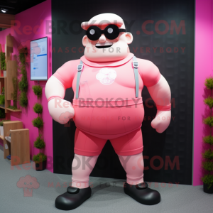 Pink Strongman mascot costume character dressed with a Playsuit and Eyeglasses