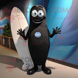 Black Surfboard mascot costume character dressed with a Poplin Shirt and Tie pins