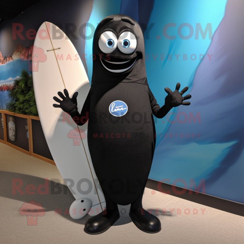 Black Surfboard mascot costume character dressed with a Poplin Shirt and Tie pins Black Surfboard mascot costume character dressed with a Poplin Shirt and Tie pins