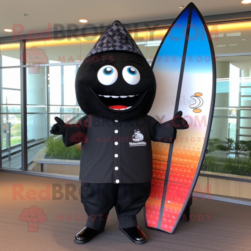Black Surfboard mascot costume character dressed with a Poplin Shirt and Tie pins Black Surfboard mascot costume character dressed with a Poplin Shirt and Tie pins