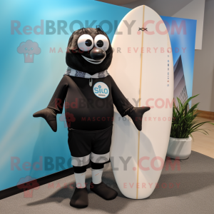Black Surfboard mascot costume character dressed with a Poplin Shirt and Tie pins