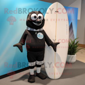 Black Surfboard mascot costume character dressed with a Poplin Shirt and Tie pins