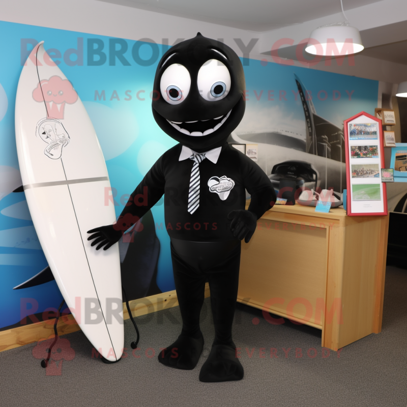 Black Surfboard mascot costume character dressed with a Poplin Shirt and Tie pins Black Surfboard mascot costume character dressed with a Poplin Shirt and Tie pins