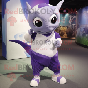 Lavender Manta Ray mascot costume character dressed with a Rugby Shirt and Shoe laces