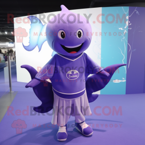 Lavender Manta Ray mascot costume character dressed with a Rugby Shirt and Shoe laces
