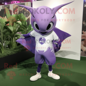 Lavender Manta Ray mascot costume character dressed with a Rugby Shirt and Shoe laces