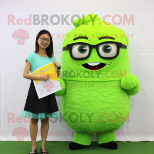 Lime Green Fried Rice mascot costume character dressed with a Mini Skirt and Reading glasses