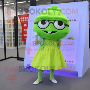 Lime Green Fried Rice mascot costume character dressed with a Mini Skirt and Reading glasses