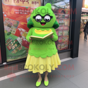 Lime Green Fried Rice mascot costume character dressed with a Mini Skirt and Reading glasses