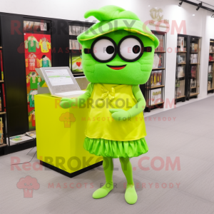 Lime Green Fried Rice mascot costume character dressed with a Mini Skirt and Reading glasses